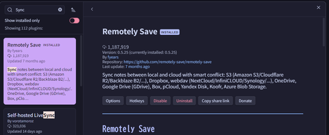 Obsidianのコミュニティプラグイン検索でRemotely Syncを検索、インストールした画面のキャプチャ